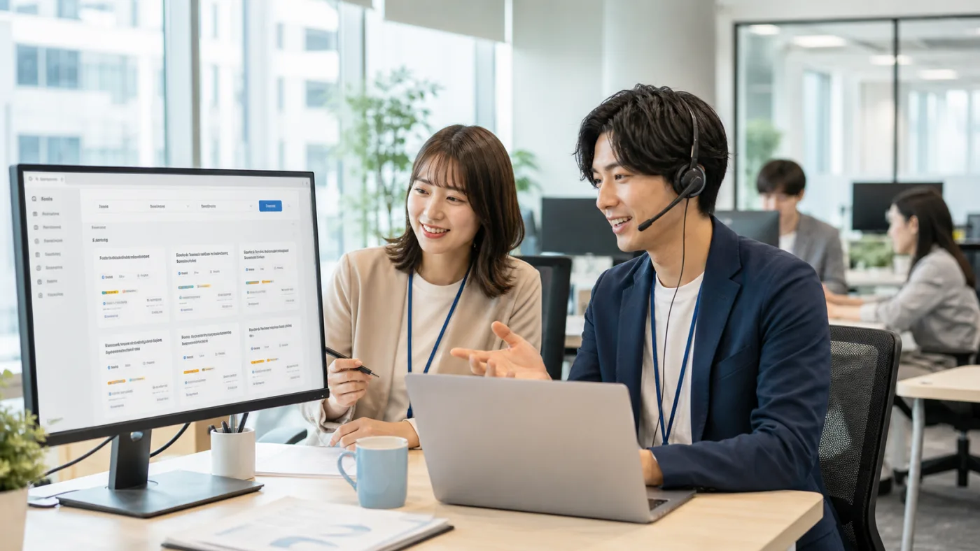 オフィスで案件掲載画面を見ながらビジネスパートナーとやり取りするスタッフ