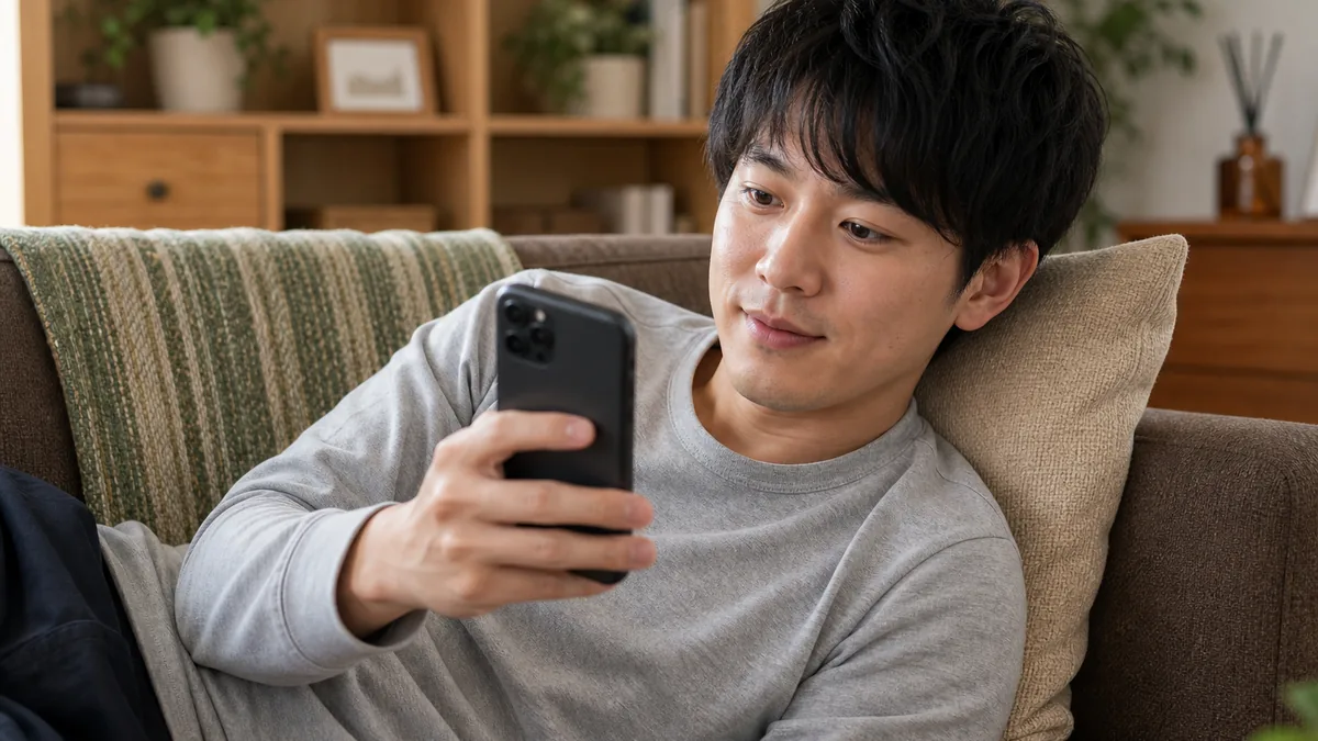 自宅のソファーでスマートフォンから相談するITエンジニア