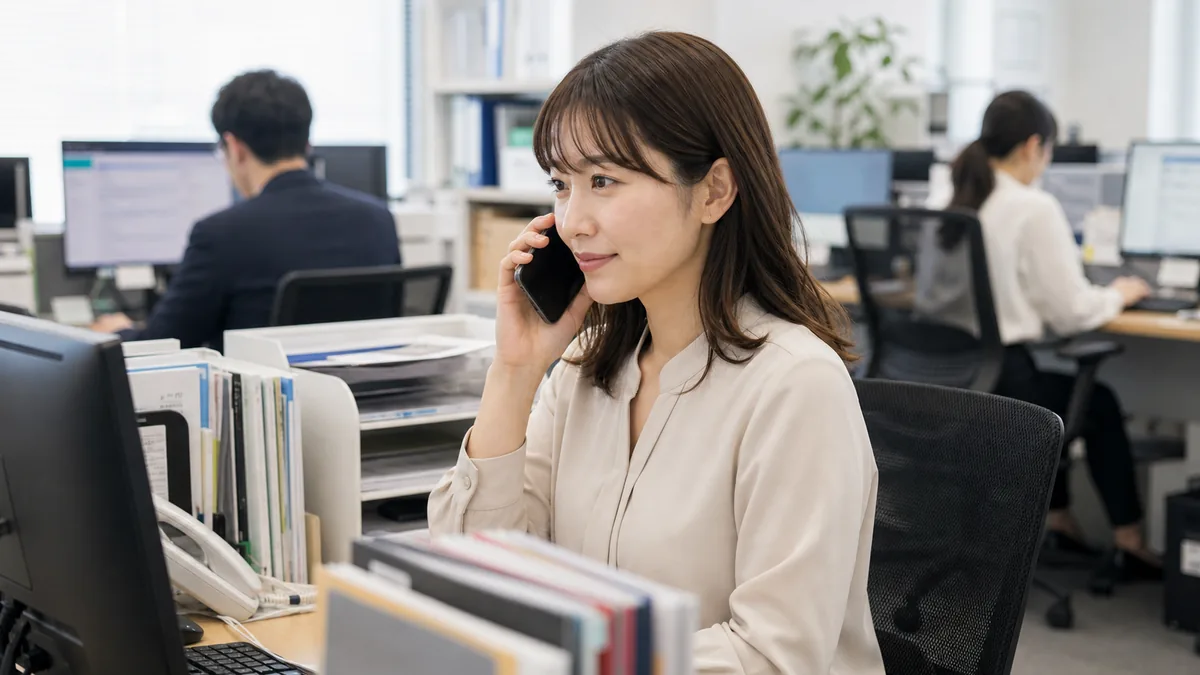 オフィスで電話相談に対応する女性スタッフ