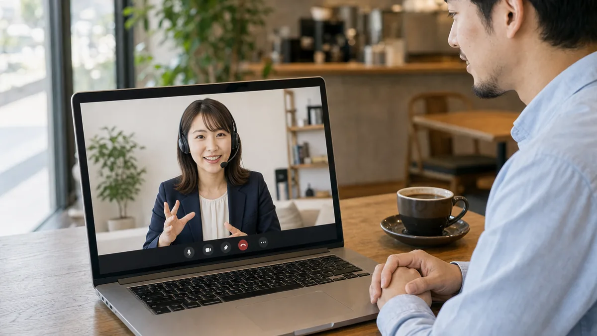 カフェでノートパソコン越しにWeb面談をするITエンジニア