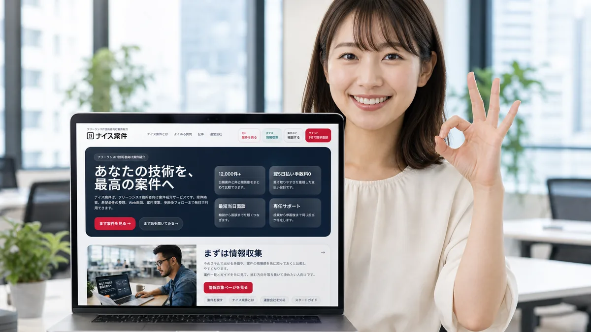 ナイス案件のトップページを表示したノートパソコンを持つスタッフ