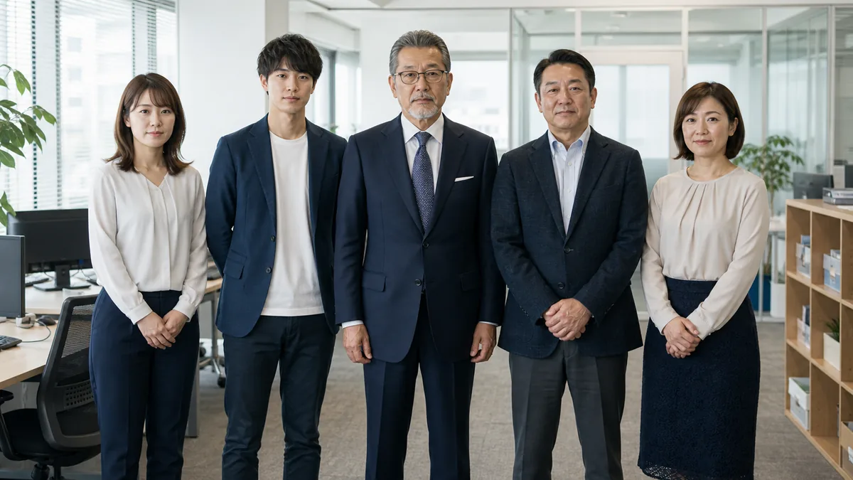 オフィスでカメラを見るナイス案件のスタッフ集合写真