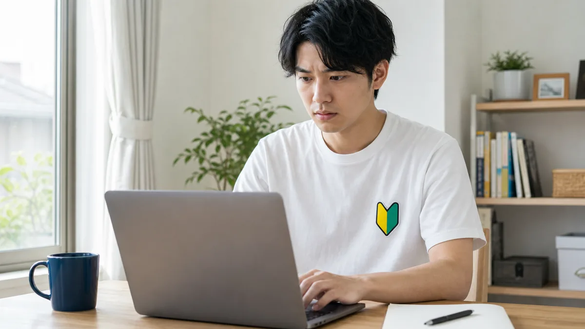 初心者マークのTシャツを着て自宅でパソコン作業をする若いプログラマー